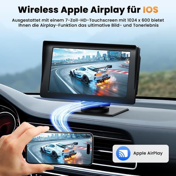 7-tommer trådløs Carplay-bil, touchscreen Car Play og Android Auto, bærbar bilstereo med Bluetooth 5.0, FM-sender, AUX