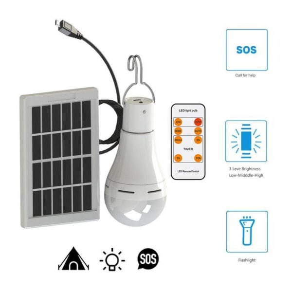 LED-sollampa, USB-laddning med fjärrkontroll 7W (fjärrkontroll + glödlampa + solpanel = komplett set (smart switch, kallt vitt ljus)