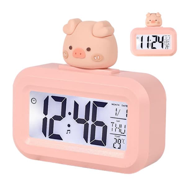 Söt Rosa Gris LED Väckarklocka med Kalender och Temperaturvisning