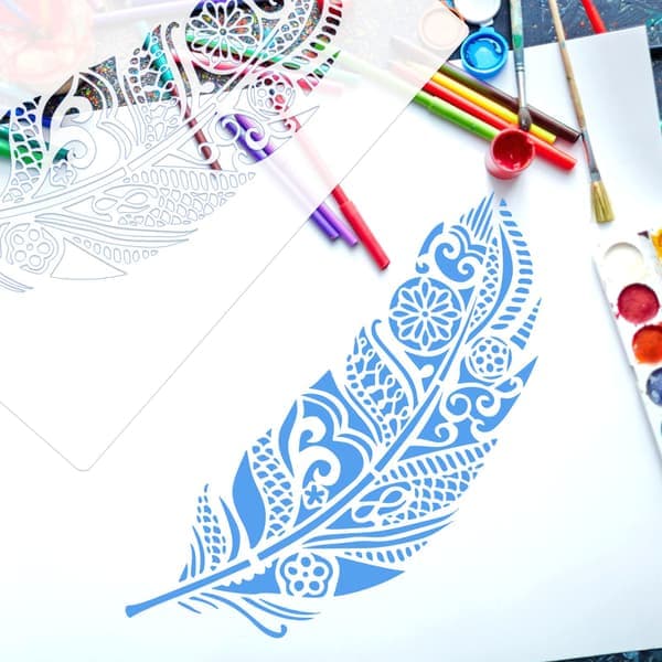 6 stk. Mandala Fjer Stencils til Maling på Træ (26x17,8 cm)