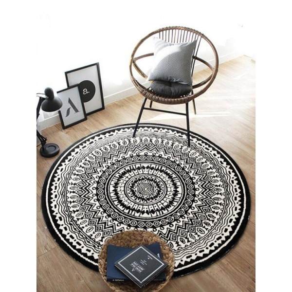 Rund Matta 100cm Svart Mandala Mjuk Badrumsmatta Halkskydd Tvättbar Accent Kast Mjuk Golvmatta för Entré Vardagsrum Sovrum Barnkammare
