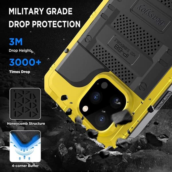 Vanntett metalldeksel for iPhone 14 Pro Max, AuTech IP68 full beskyttelse støtsikkert deksel for dykking og svømming, gul