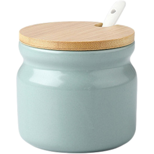 Porcelænssukkerskål med låg og ske, krydderiglas krydderibøtte krydderibøtte, passer til kaffebar, køkken og hjem morgenmad