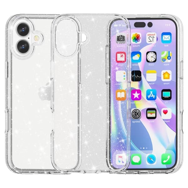 Yhteensopiva iPhone 16 -kuori, kimalteleva, läpinäkyvä