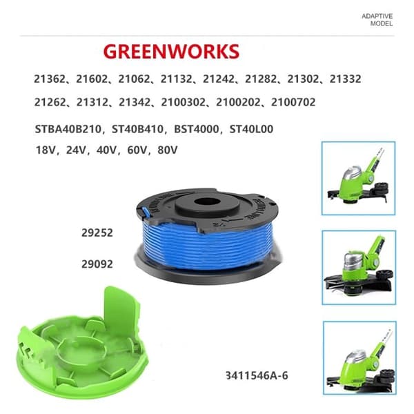 4-delt græstrimmerspole-sæt - Greenworks 29252 29092 - 18V/24V/40V/60V/80V - Inklusive 1 dæksel 3411546A-6