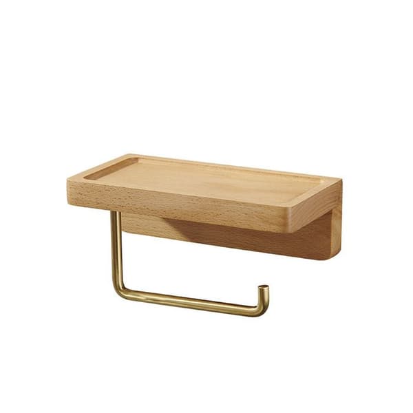 Vægmonteret toiletpapirholder - Træ - Bøg - Messing - Med integreret hylde