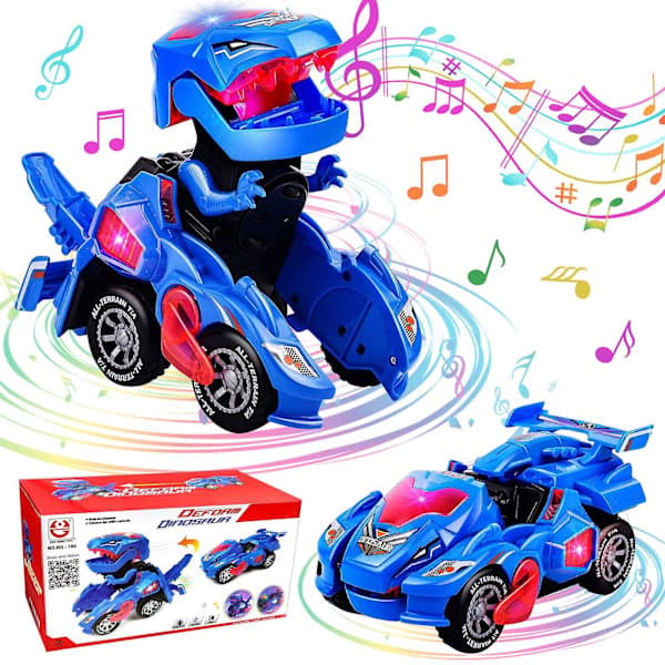 Transformerende Dinosaurbil Leker (Automatisk Transformasjon + Musikk/LED-lys) for Barn Gutter Jenter Blue
