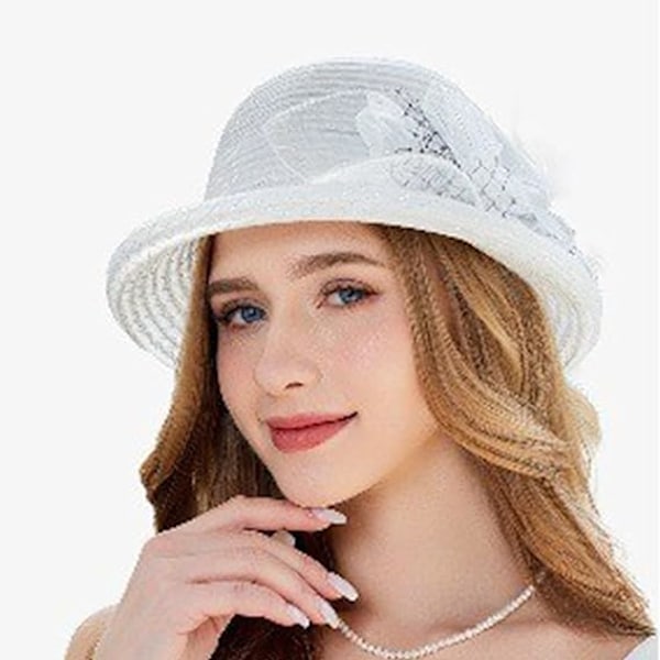 Pitsi aurinkolakki naiset Fascinators Leveälieriset häähatut lippalakit Hengittävät ämpärihatut Aurinkosuoja White