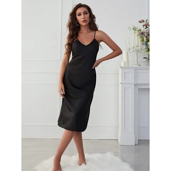 Solid Satin Slip Nattlinne, Elegant V-ringad Rygglös Nattlinne med Spagettiband, Damsovkläder & Klänningar svart svart S black S