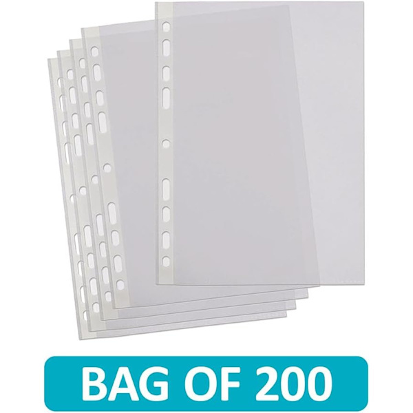 Fickor, transparenta A4-plastfickor, förstärkt rygg, multihål för ringpärmar, 200-pack 200 st