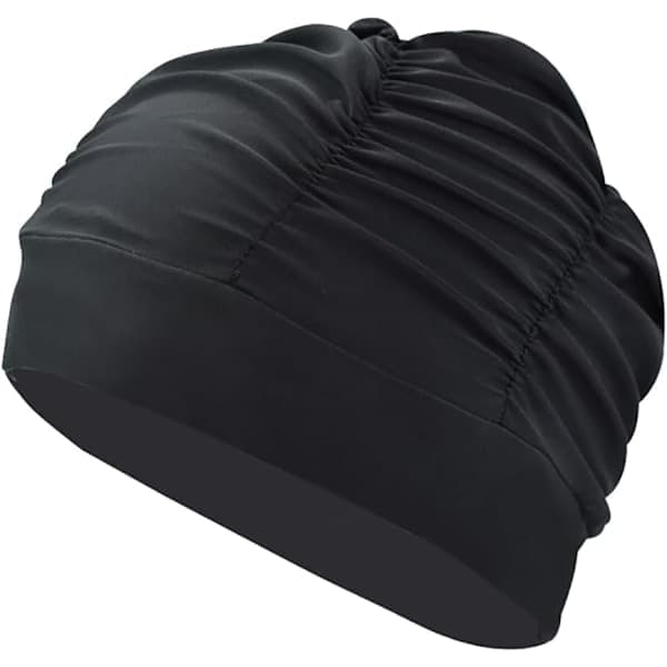Plisseret badehætte til kvinder, langhårs badehætte, super elastisk badehætte, strand surfing hætte, komfortabel brusehætte (sort)