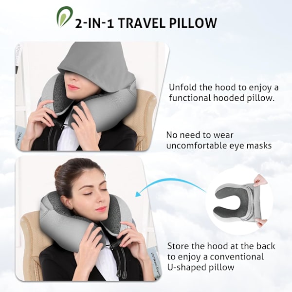 Reisepute for nakke minneskum, hette reise nakkepute for voksne, komfortabel nakkepute for reise med hettegenser Light gray