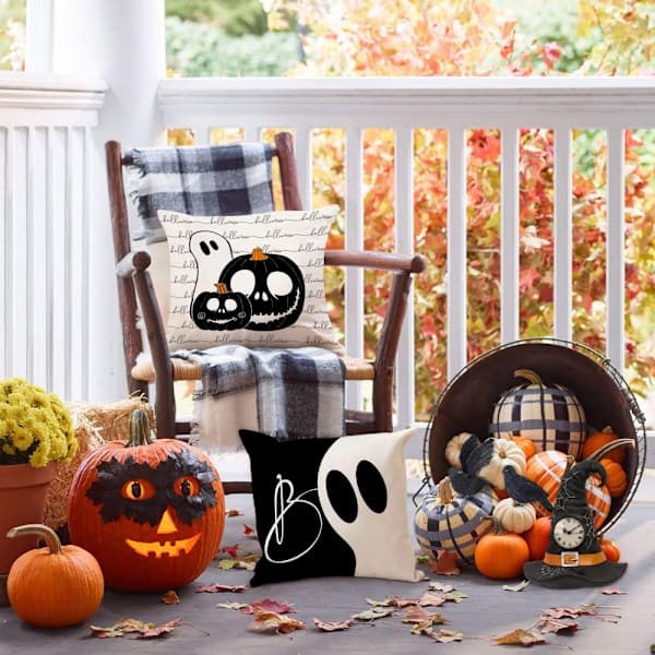 4 stk. 45*45cm Halloween Græskar Heks Gård Kat Boo Spøgelse Udendørs Sort Efterår Puder Dekorative