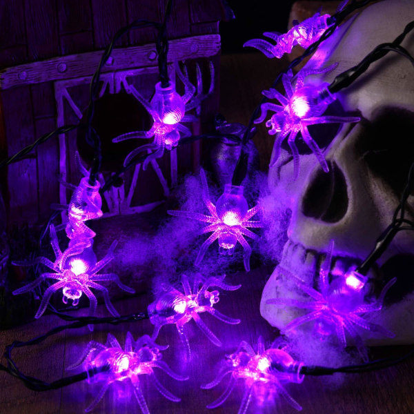 Halloween-valosarjat, 2m 30 LED: Purppura hämähäkkisäikevalot lepakon muotoisilla