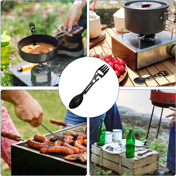 Multifunksjonell rustfritt stål gaffel skje 9 i 1 flaskeåpner for camping reise backpacking fotturer utendørsaktiviteter