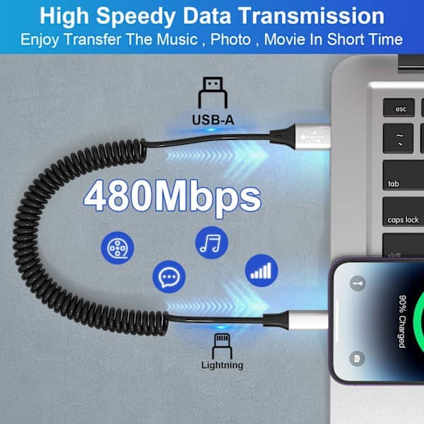 2-pakning spiralformet iPhone Lightning billaderkabel, kompatibel med Apple Carplay spiralformet USB til Lightning-kabel med datasynkronisering, kort spiral