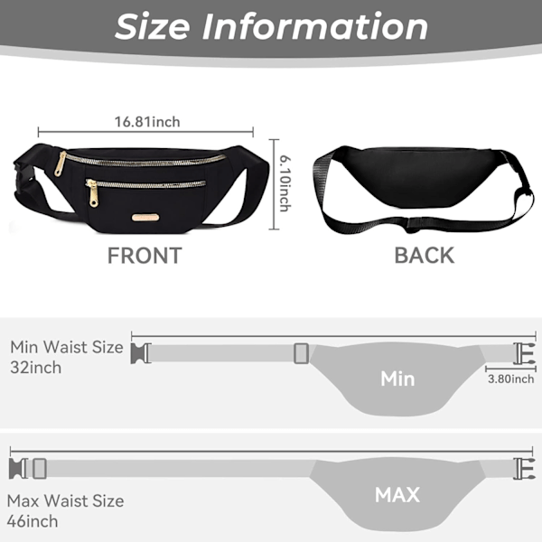 Fanny Pack Moteriktig Midjeveske Casual Reise Bum Bag med 3 Glidelåslommer for Kvinner Menn Sportsløping Fotturer Jogging Black