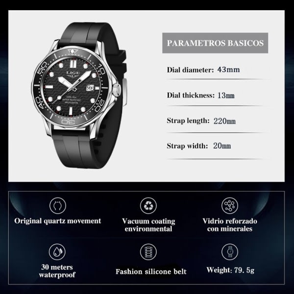 LIGE Watch Business Date Watch til Mænd Luksus Sports Quartz Ure Vandtæt Lysende Silikone Armbåndsur Relogio Masculino Steel Gold Black