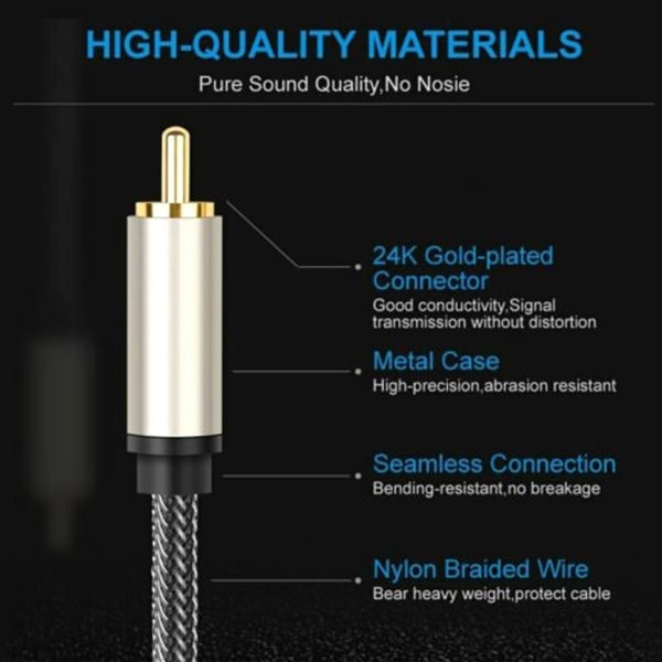 Koaksial digitalt lydkabel guldbelagt og flettet subwooferkabel RCA han til han HiFi SPDIF stereo lydkabel <=0.5m