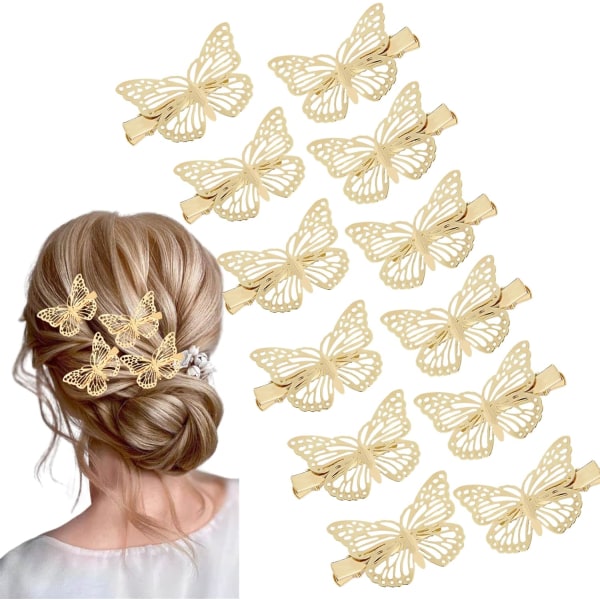 12 st Butterfly Hårklämmor, Guld Flickor Hårklämmor, Halkfri metall Hårrosetter för Flickor Hårdekoration för bröllop Brud (höger och vänster) (Guld)