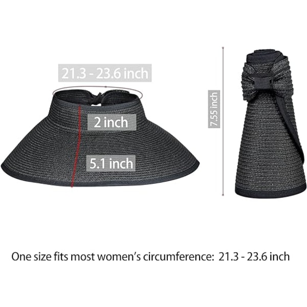 Solhat med bred skygge til kvinder - Foldbar cap med hestehale - Strandhat til sommer Black