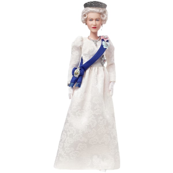Dronning Elizabeth II Platinum Jubilee Doll i elfenbenskjole, bånd, krone og handsker med dukkeholder,