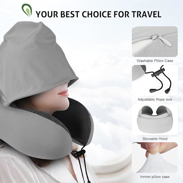 Reisepute for nakke minneskum, hette reise nakkepute for voksne, komfortabel nakkepute for reise med hettegenser Light gray