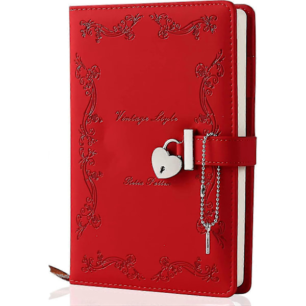 Dagbog med lås og nøgle til piger, tyknet 360 sider læder hjerteformet låsende journal sød låst hemmelig dagbog notesbog til kvinder voksne A5 (pink Red 9.29 x 6.3 x 2.09 inches
