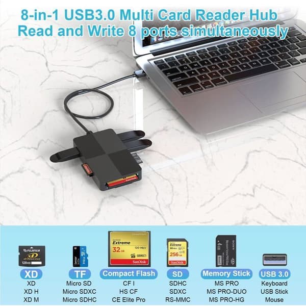 8-in-1 USB 3.0 -muistikortinlukija, USB A - SD-sovitin, SD-, Micro SD-, MS-, CF-kortinlukija 3 USB 3.0 -portilla
