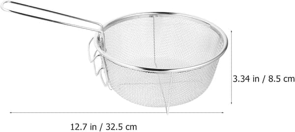Friturekurv i rustfrit stål, rund friturekurv i trådnet med foldbart håndtag, til køkkenfriture.