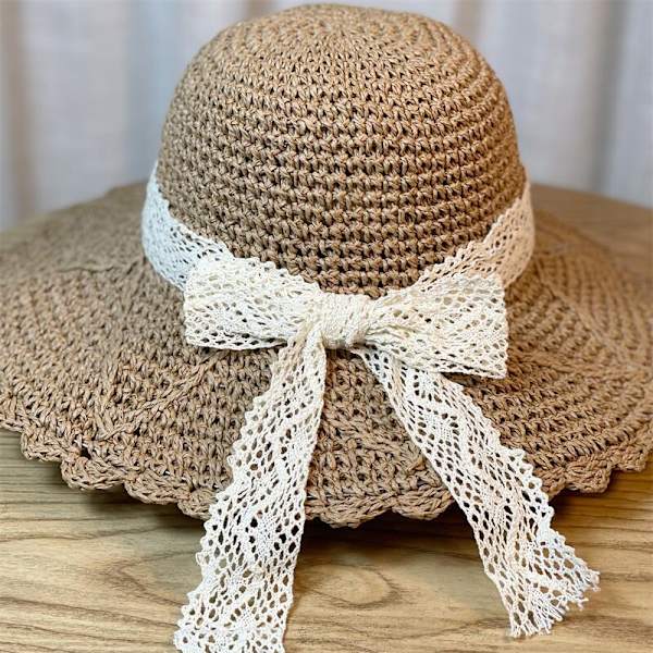 Barnas Floppy Halmhatt Pakkbar Solhatt Visir Foldbar Sommerstrandhatt med Blonder Sløyfe for Småjenter Khaki