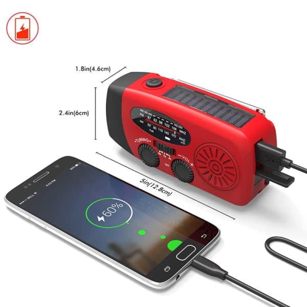 Håndsvingradio 2000mAh Powerbank, Solceller, Lommelygte Rød