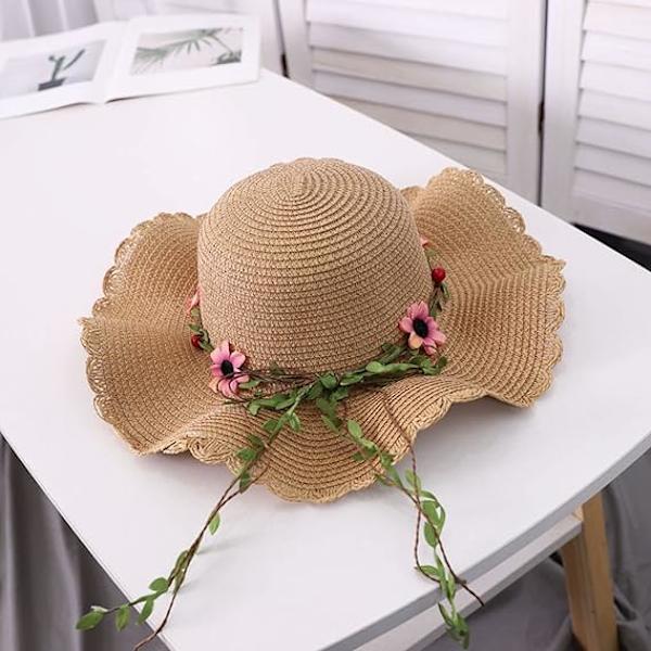 Dam Blommig Fällbar Floppy Bred Brätte Halm Solhatt Sommarhatt UPF 50+ Solskydd Hatt Strandmössa för Strandsemester Khaki