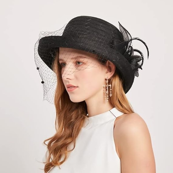 Kentucky Derby Organza Kirkehat til kvinder - Blomstersolhat Bowler Fascinator Brudehat med slør til bryllupsfest