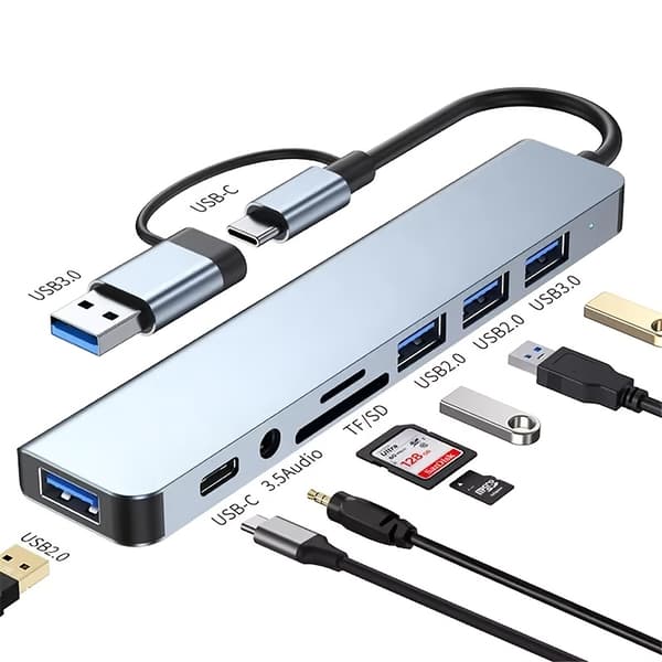 8-i-1 Hub, USB & Type-C-porter, Multifunksjonell dokkingstasjon med USB 3.0 + USB-C + SD/TF + 3,5 mm lyd, Støtter smidig multiport-samarbeid