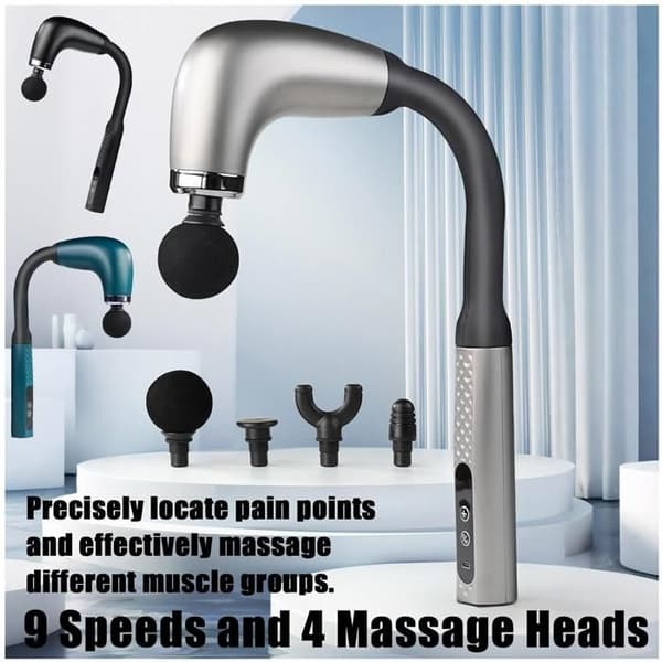 Massagehammer, ergonomisk buet hoveddesign, 9-trins bærbar elektrisk massage, 4 massagehoveder - grøn