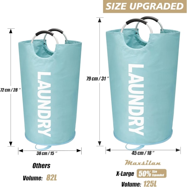 90L Stor tvättkorg, fristående hög tvättkorg, hopfällbar tvättpåse Light Blue