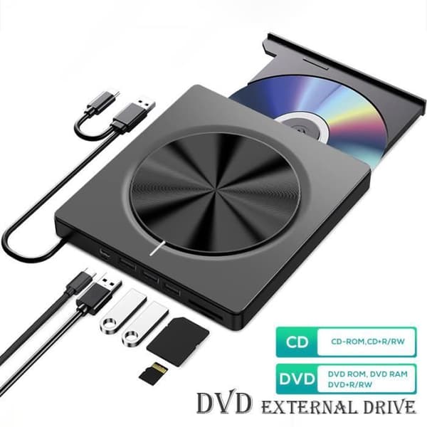 Extern CD/DVD-enhet för PC, USB 3.0 och USB-C extern DVD-brännare med 4 USB-portar och SD/TF-kortplats, för Windows/MacOS/bärbar dator/stationär dator