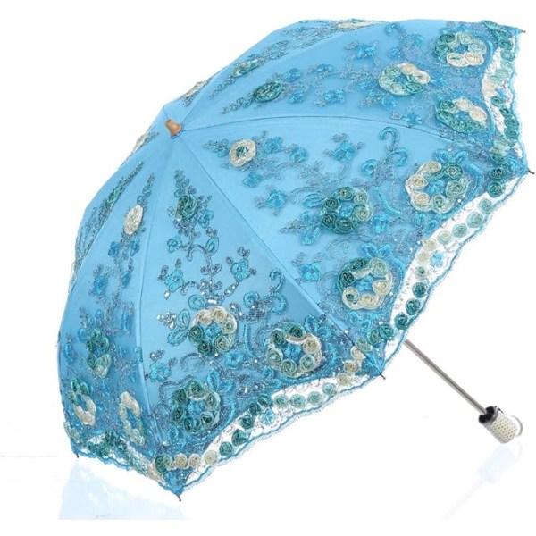 Sammenfoldelig UV-parasol Sne/Regn/Sol Paraply Broderi Bryllupsparaply Blue