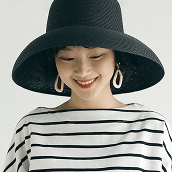 Kvinde Sommer Solhat Store Skygge Strand Japansk Hepburn Stil Ferie Fold Fisker Cap Temperament Flad, Sort