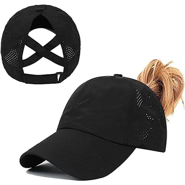 Dame Cross Ponytail Baseball Cap, Hurtigtørrende Mesh Udendørs Sports Cap med Ponytail Hul Justerbar Rejse Sommerhat Black