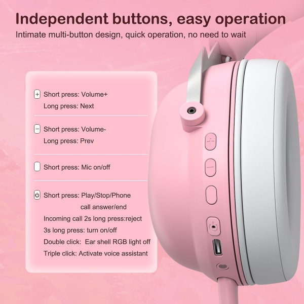 Colorful Lighting Cat Ears Bluetooth Headset - Lång batteritid, stabil överföring och bekvämt bärande pink