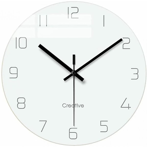 Væg ur, hjem dekorative lydløse ikke-tikende kvarts batteridrevet moderne glas ur til soveværelse/stue/kontor/skole 12 tommer - Hvid