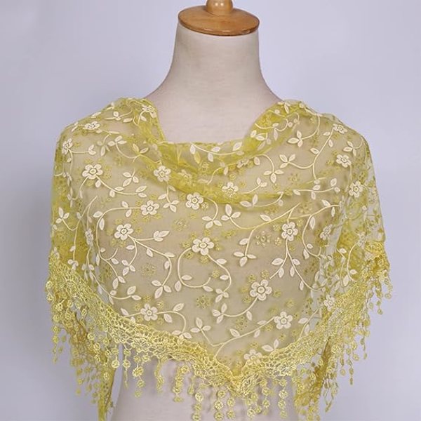 Blondert dusk med frynser og blomstermønster, trendy silkeslør brodert slør kirkebryllup sjal skjerf frynser