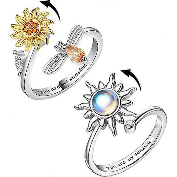 2 stk. Angst Ring til Kvinder Sterling Sølv Stemningsringe Butterfly Blomst Fidget Spinner Ring