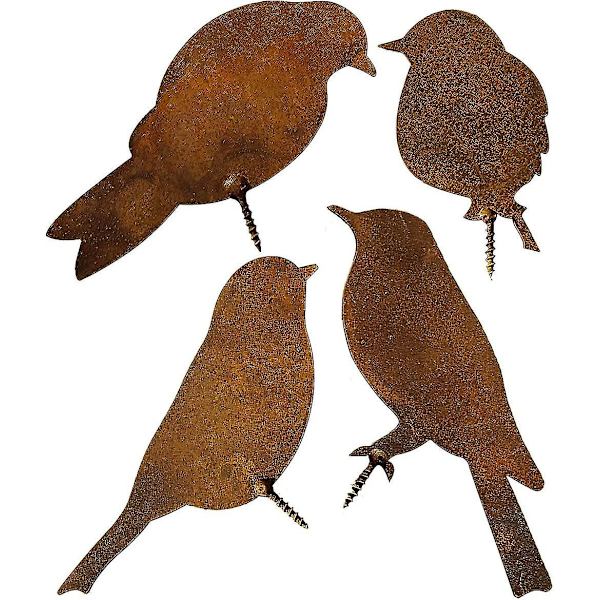 Rusted Fugle Med Skrue Til At Skrue I Træ, 4 Patina Fugle Havepæle Rust Rustet Havedekoration Egern Rust Dekorativ Træpæl