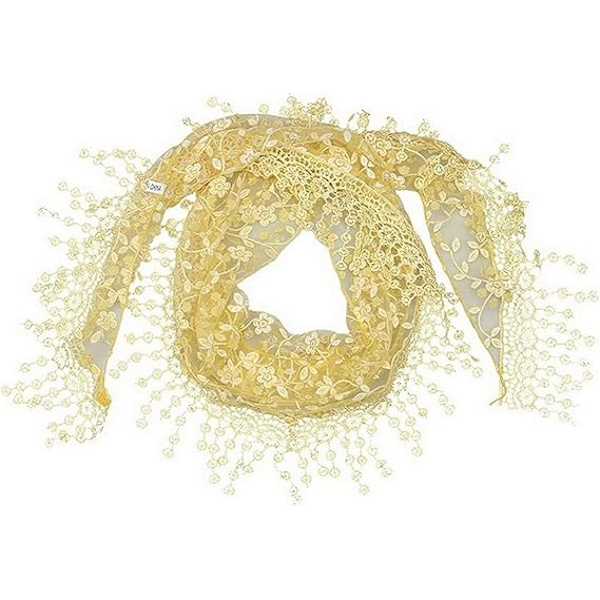Blondert dusk med frynser og blomstermønster, trendy silkeslør brodert slør kirkebryllup sjal skjerf frynser