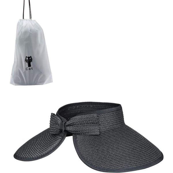 Solhat med bred skygge til kvinder - Foldbar cap med hestehale - Strandhat til sommer Black