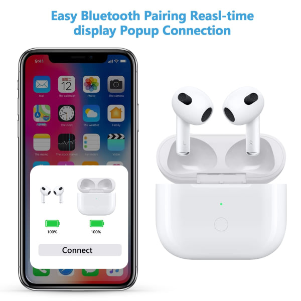 Trådløst etui erstatning kompatibel med AirPods 3. generasjon etui med hurtiglading og Bluetooth-paring synkroniseringsknapp (hvit)