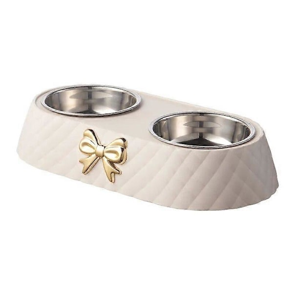 Kæledyrsartikler Bowknot Katte Foderskål PP Base Hundeskål Rustfrit Stål Dobbelt Skål Kæledyrstilbehør Fodring Drikkeskål white